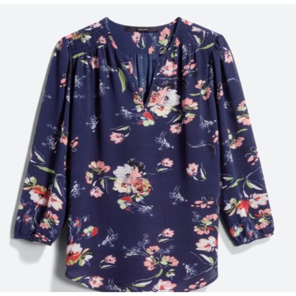 Fun2fun Women's Blouse Navy Floral Split Neck Long Sleeve Top S Small NWOT - Picture 1 of 10